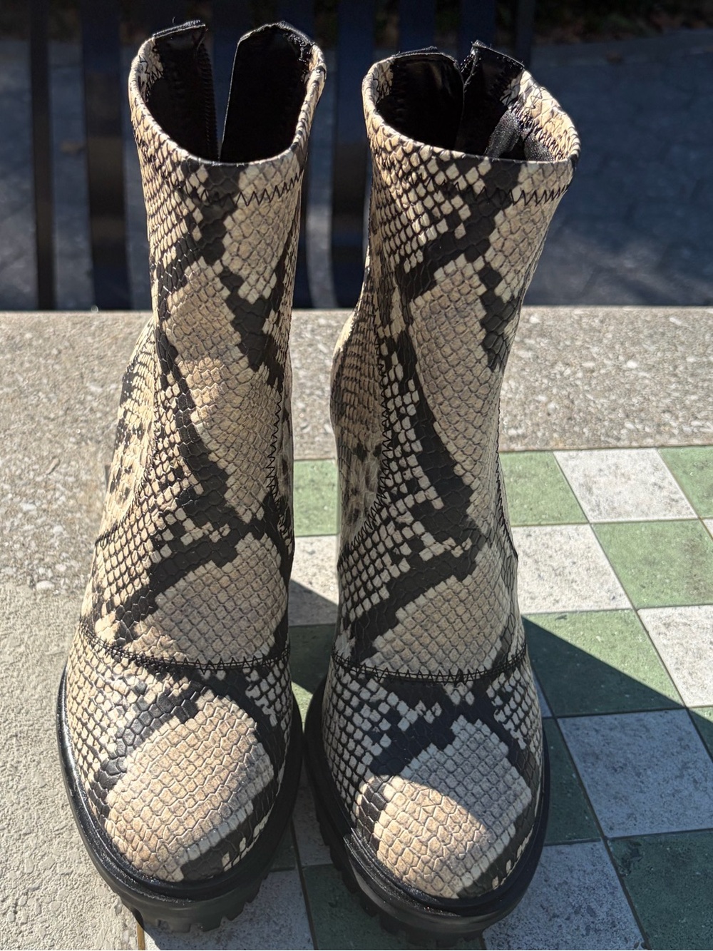 Vince Camuto Beige and Black Snake-Print Platform Ankle Boots